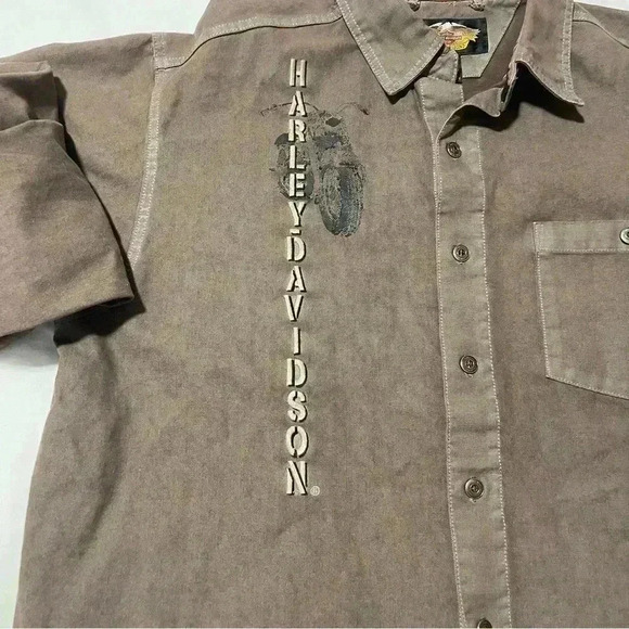 Mens HD LS button up shirt heavy denim type material brown 100% cotton Sz L - Picture 6 of 9